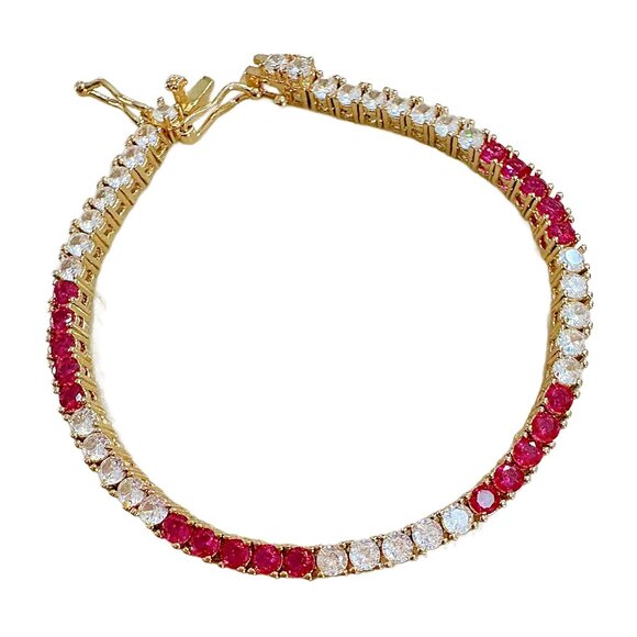 Two-Tone Simulated Ruby and Diamondette 18K Gold Plated Tennis Bracelet - Picture 1 of 4